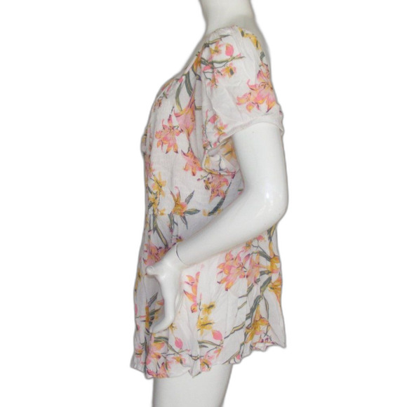 TORRID Top, 3/3X, Off-white/Pink Floral, Smocked, Lace front, Short sleeves - Picture 6 of 14